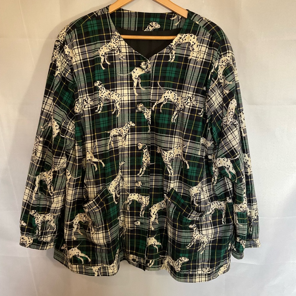 Vintage Dalmatian Print Plaid Jacket Green Cotton Lightweight Oversized 90s